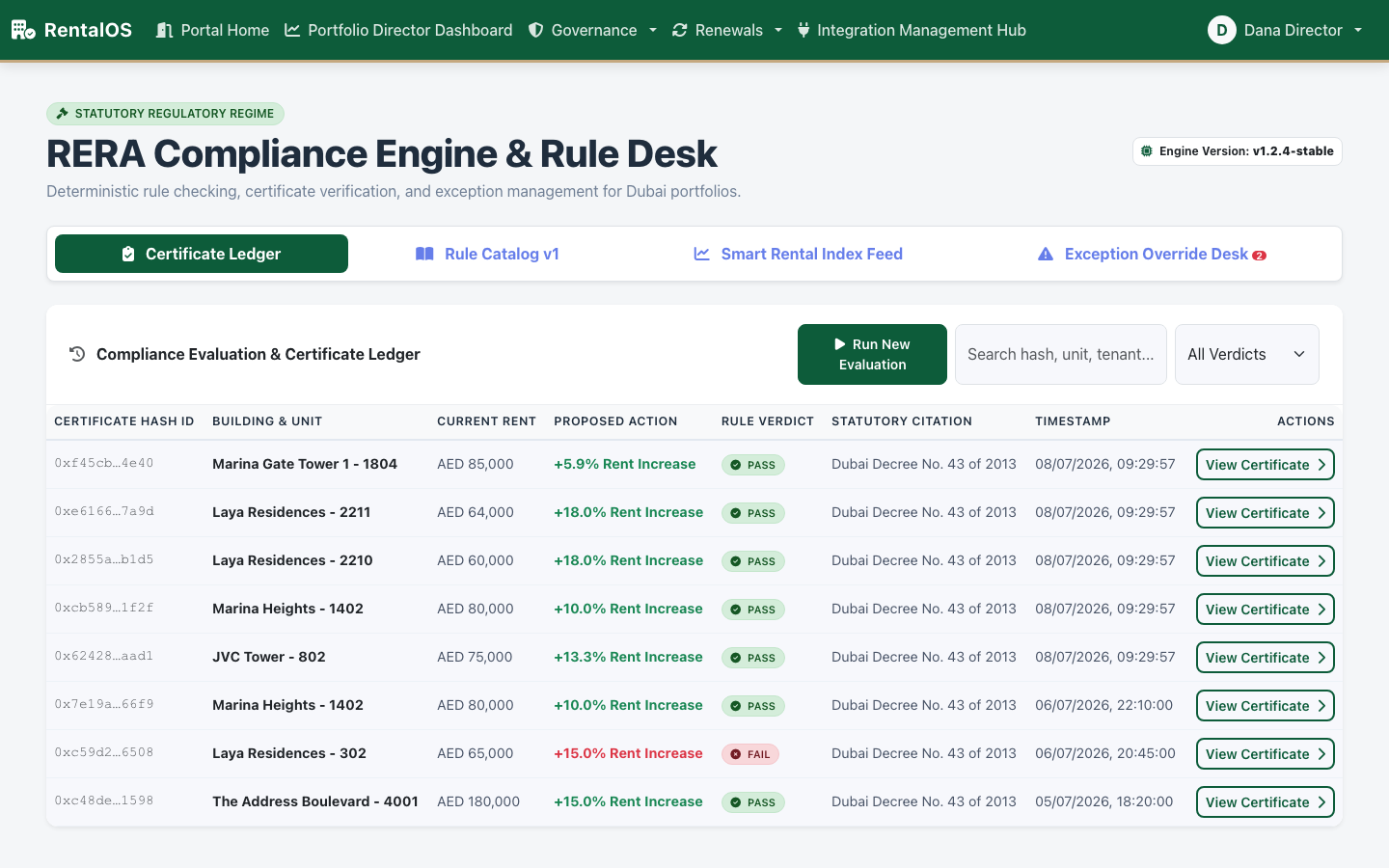 RentalOS RERA Compliance Engine certificate ledger