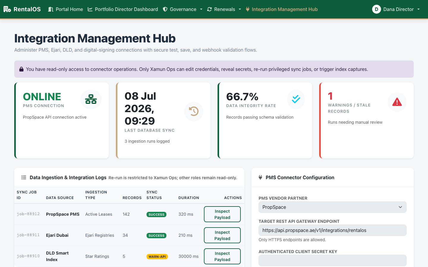 RentalOS Integration Management Hub connector and sync-job console