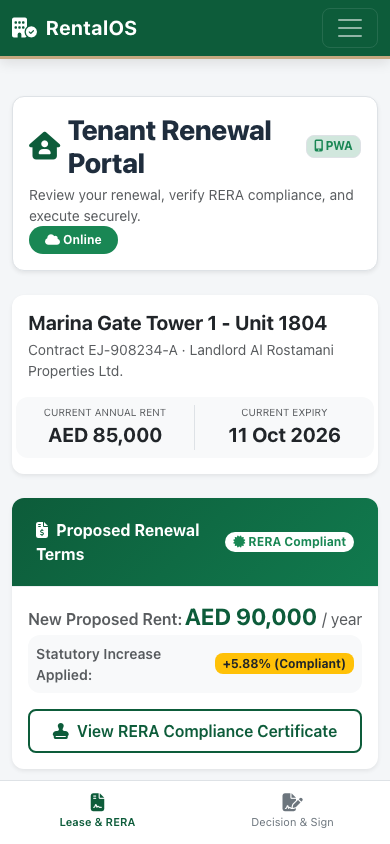 RentalOS tenant renewal portal mobile PWA